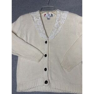 Vintage Chaus Cream Lace Collar Cardigan Sweater Womens Small Ramie Cotton Knit